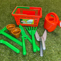 Childrens Garden Basket. Set comes with 1 Basket with handle, 4 garden tools, 2 small pots and a watering can. 